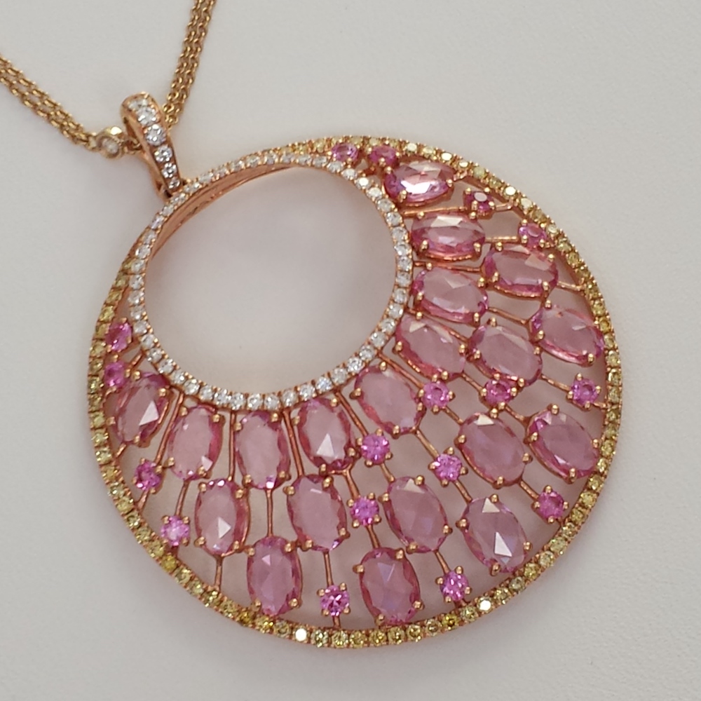 Pink Sapphire Pendant, with white and yellow diamonds, set in rose gold ...